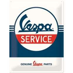 plaque métal représentant le logo Vespa et la notion de service