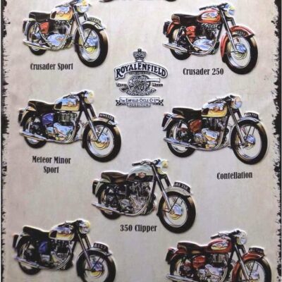 Plaque métallique représentant l'évolutions des motos de la marque Royal Enfield