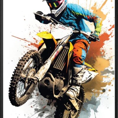 Motard en pleine vitesse, couleurs vives et éclaboussures, cadre noir.