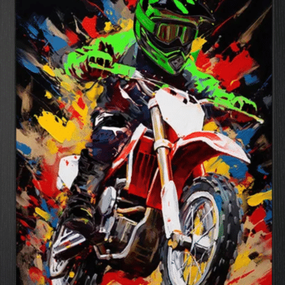 Toile Aquarelle Moto Cross pilote Baby  - Cadre Noir ou Aluminium (30x42 cm)
