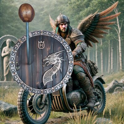 Gros plan sur la gravure d’un dragon celte sur le porte-casque moto en bois.