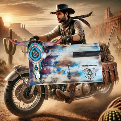 Porte casque Western en bois massif avec crâne en résine colorée et logo Harley-Davidson gravé, avec étagère et crochet pour accessoires.