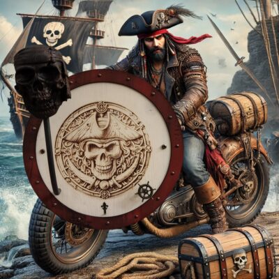 Image du porte-casque moto pirate en bois sculpté avec crâne et bouclier gravé, suspendant un casque moto vintage.