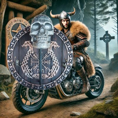 Porte-casque Viking avec crâne en métal gravé et bouclier runique, support mural pour casque avec crochets pour clés.