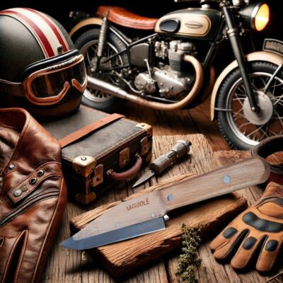 Couteau de chef Laguiole avec manche en bois de hêtre et lame en acier inoxydable, posé sur une table rustique pour illustrer son élégance et sa fonctionnalité.