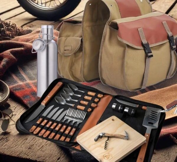 Coffret pique-nique Laguiole 18 pièces avec couteaux, fourchettes, tire-bouchon et planche en bois, présentation du produit.