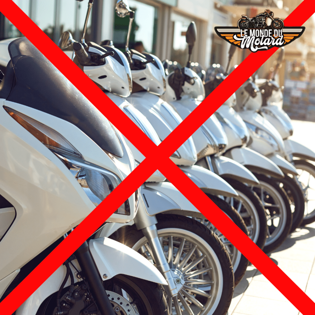 Alignement de scooters barrés d'une croix rouge, avec le logo "Le Monde du Motard", illustrant une opposition aux scooters