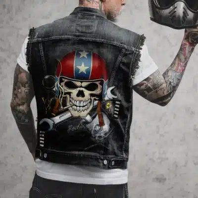 Gilet Biker Homme Pirate - Veste Sans Manches Jean Usé Style Custom Moto Vintage Rock - Look Rebelle pour Motards - Grandes Tailles Jusqu’à 6XL