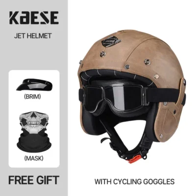 Casque de Collection Vintage Biker avec Lunettes et Masque – Style Cuir, Plusieurs Couleurs, Look Custom Unique – Déco, Cosplay ou Balade Stylée