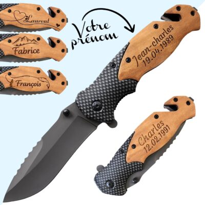 Couteau Pliant Survie Personnalisable Manche Bois