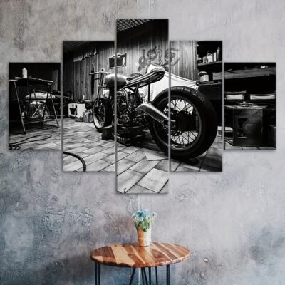 Tableaux muraux Atelier Moto – Lot de 5 toiles imprimées style garage, décoration murale moderne pour passionné de mécanique et moto vintage