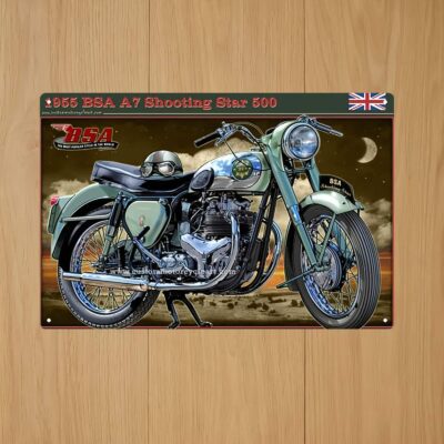 Décoration murale métal BSA 1955 – Moto Shooting Star A7 en fer 2D, style vintage anglais, format 32x48 cm, idéal pour garage ou salon motard