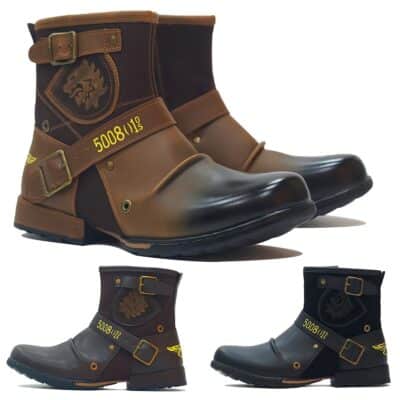 Bottes homme vintage mi-hautes style motard en PU, semelle caoutchouc