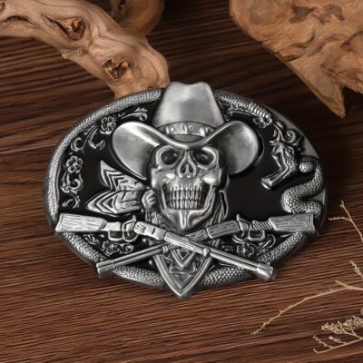 Boucle de ceinture crâne cowboy – Motif crâne avec chapeau western en métal vintage, accessoire mixte pour motard, festival ou tenue à thème