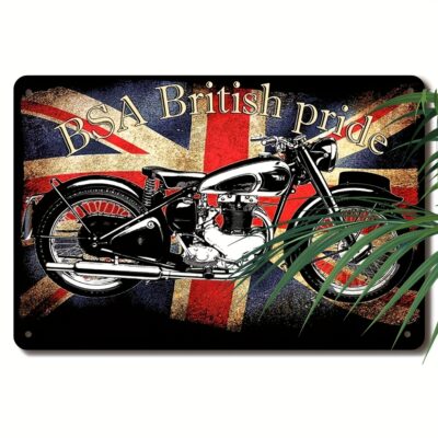 Plaque métal vintage BSA – Panneau mural en fer 2D format 20x30 cm, style rétro garage anglais, déco murale moto pour bureau, atelier ou caverne d’homme