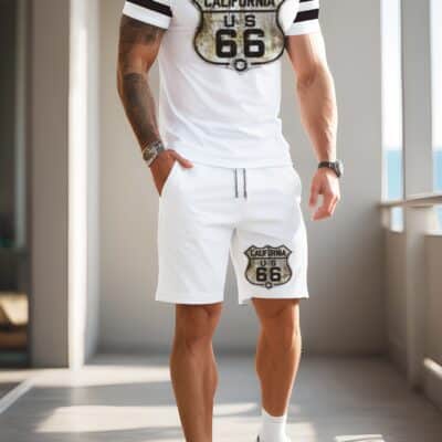 Ensemble été homme imprimé Route 66 3D – T-shirt manches courtes + short respirant – Tenue décontractée pour activités extérieures