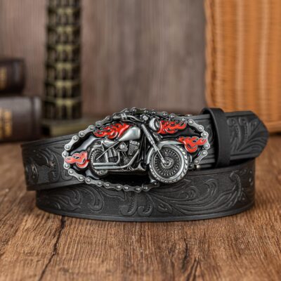 Ceinture homme en cuir PU avec boucle de moto embossée – Style vintage
