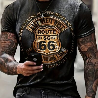 T-shirt rétro Route 66 homme – Style vintage USA, col rond, coupe regular, polyester léger été, imprimé emblématique motard