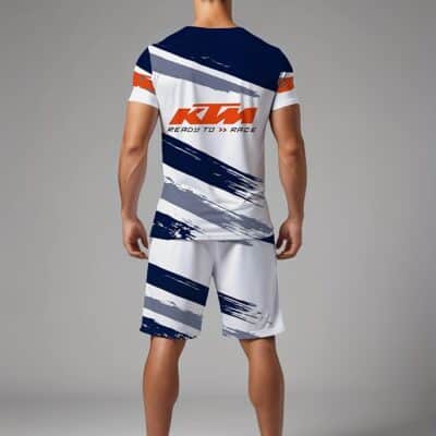 Ensemble été homme KTM graffiti bleu et blanc 3D – T-shirt manches courtes + short décontracté – Tenue urbaine légère et stylée pour les beaux jours