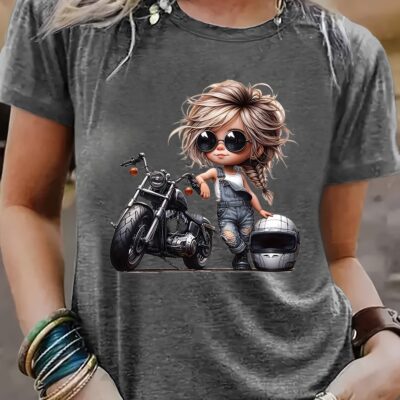 T-shirt femme motarde cartoon – Col rond, coupe décontractée, manches courtes, imprimé fun sur polyester doux, pour un style 100 % biker girl