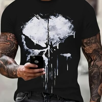 T-shirt homme à motif de crâne noir – Manches courtes, col rond – Style décontracté pour l'été