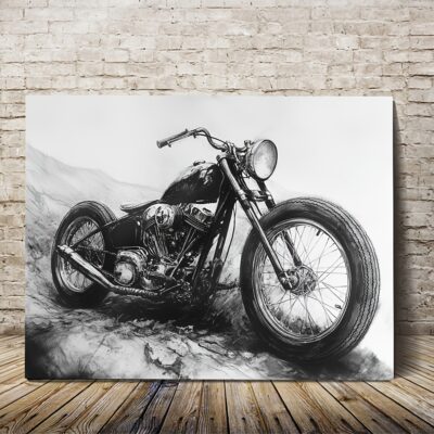 Tableau mural moto vintage – Impression sur toile avec cadre bois 30 x 40 cm, déco murale prête à accrocher pour bureau, salon ou garage motard