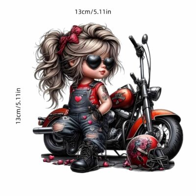Autocollant fille punk moto – Sticker vinyle cartoon carré 13x13 cm, PVC résistant pour PC, mur, casque, déco motarde originale