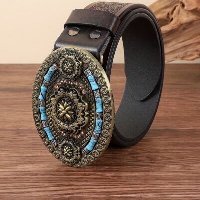 Ceinture Vintage Motard pour Homme - Boucle Ovale Sculptée Style Western - Accessoire Look Biker
