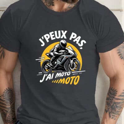 T-shirt homme "J’peux pas j’ai moto" – Haut décontracté à imprimé motard humoristique, col rond, manches courtes, esprit biker