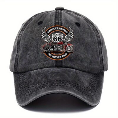 Casquette vintage Route 66 pour motards – Snapback réglable noire et orange