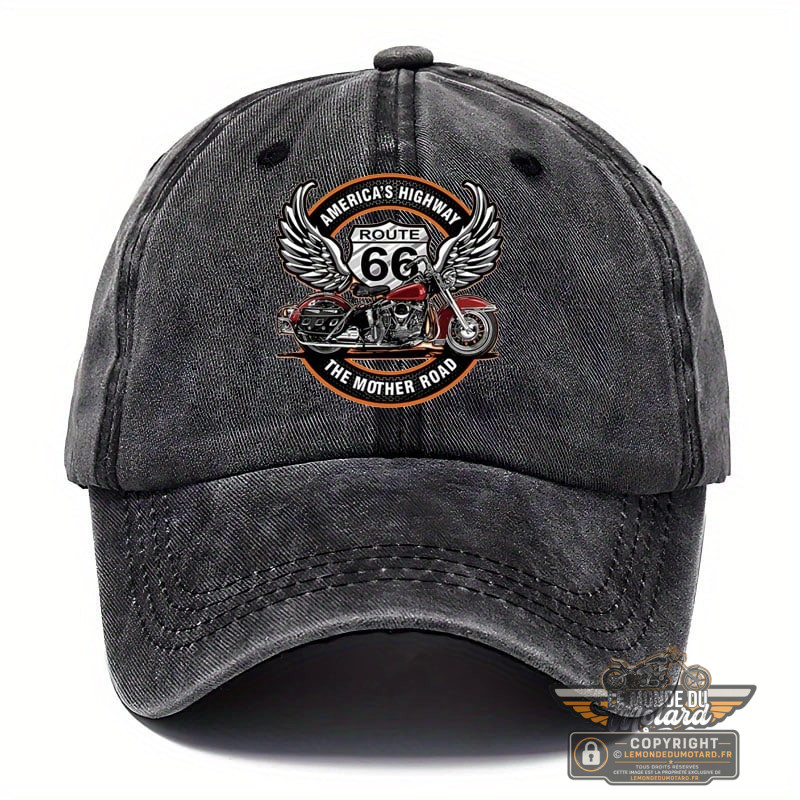Casquette vintage Route 66 pour motards – Snapback réglable noire et orange