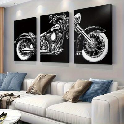 Triptyque déco murale moto vintage – Lot de 3 toiles noir et blanc non encadrées, imprimé moteur et bécane rétro, idéal pour garage, bureau ou salon
