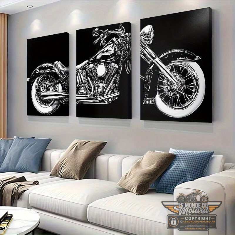 Triptyque déco murale moto vintage – Lot de 3 toiles noir et blanc non encadrées, imprimé moteur et bécane rétro, idéal pour garage, bureau ou salon