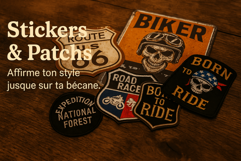 Stickers vintage (Route 66, Skull biker) et patchs brodés posés en vrac