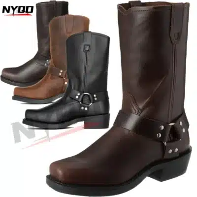 Bottes de cowboy vintage pour homme, style biker avec boucle ceinture, bout carré, cuir synthétique