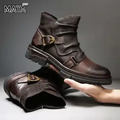 Bottes de moto rétro homme cuir style britannique, montantes robustes à boucles déco, bottes vintage plateforme confort
