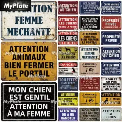 plaque métal humour vintage – panneau rigolo style rétro français, déco murale maison, bar ou portail, 20x30 cm, attention chien ou femme méchante