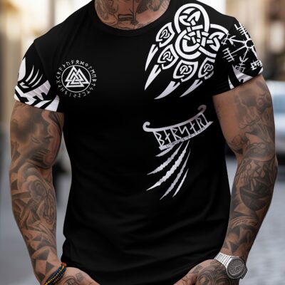 T-shirt Viking homme noir avec impression 3D style runes et navire nordique – Col rond, manches courtes, coupe régulière, polyester respirant 100g/m²