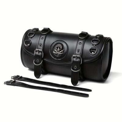 Sac à outils moto style punk – En cuir PU noir avec crâne, boucles et sangles sécurisées pour rangement sur fourche ou sissybar