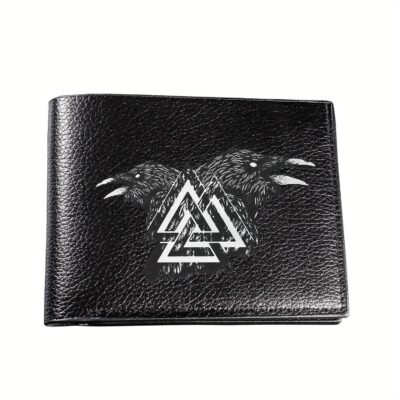 Portefeuille Viking noir avec corbeaux et symbole runique – Similicuir compact homme, design nordique discret, aussi inclus dans notre coffret cadeau Viking