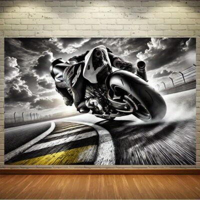 Tissu mural moto racing – Déco murale dynamique, suspension murale chambre, salon ou bureau, motif pilote en pleine course