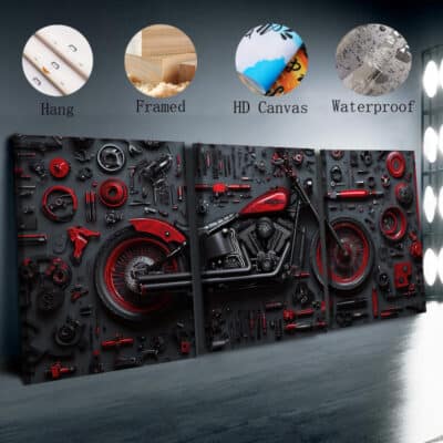 Triptyque moto rouge sur fond noir – set de 3 toiles encadrées pour déco murale garage, salon ou bureau, style industriel moderne biker