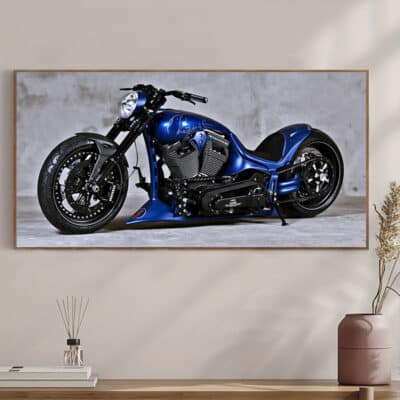 Toile moto rétro bleue – décoration murale garage, salon ou bureau, affiche moderne sans cadre pour amateurs de belles mécaniques