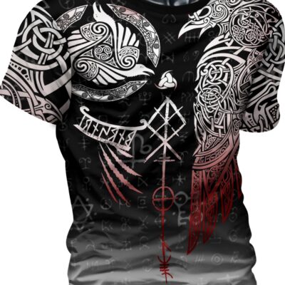 T-shirt Viking homme imprimé 3D noir et blanc avec runes et symboles nordiques – Col rond, manches courtes, tissu polyester extensible lavable en machine