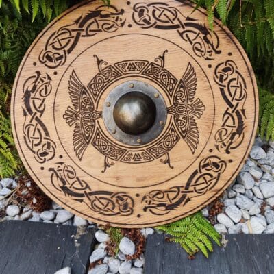 Bouclier viking décoratif en chêne massif Ø 55cm, umbo métal, gravure laser style Odin, fait main, cadeau motard ou médiéval