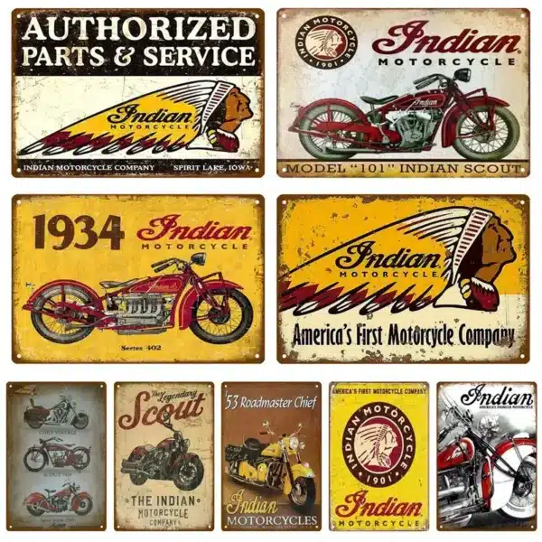 Plaque métallique moto Indian – déco murale rétro vintage, fan art non officiel, style garage USA