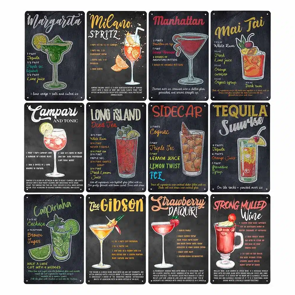 plaque métal cocktails vintage – déco bar ou cuisine – fan art non officiel inspiré des recettes classiques
