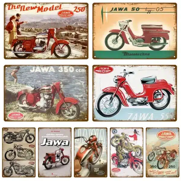 plaque métallique moto JAWA vintage – déco murale rétro, fan art non officiel, idée cadeau garage