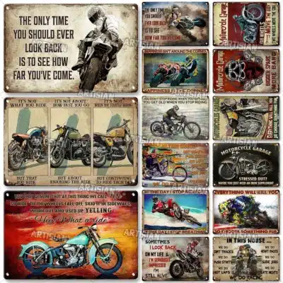 plaque métal moto vintage – décoration murale garage ou bar style biker, citations anglaises, fan art non officiel inspiré, 20x30 cm ou format compact