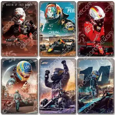 plaque métal F1 pilote vintage – décoration murale garage, style rétro course auto, fan art non officiel inspiré – 20x30 cm